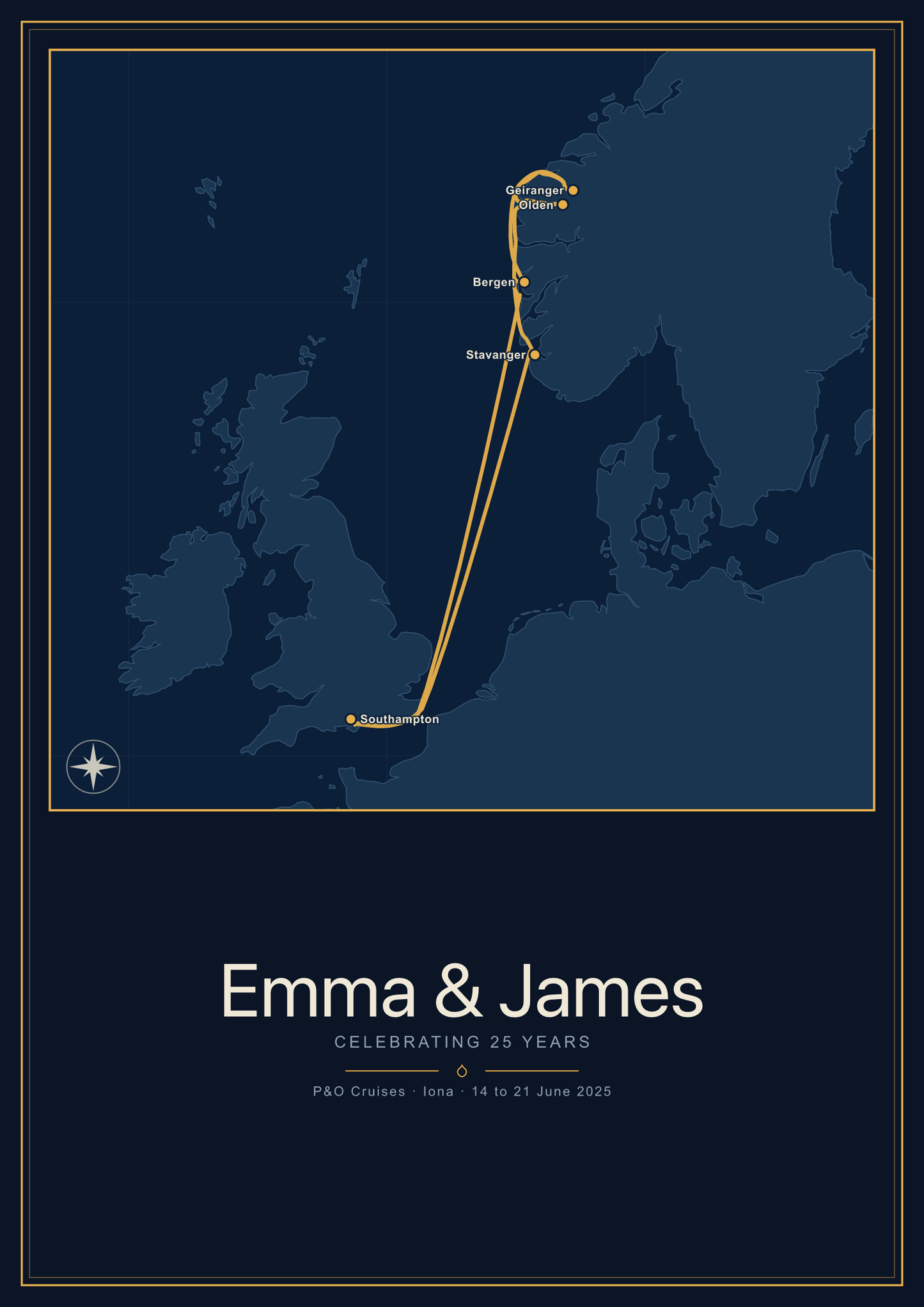 My Cruise Story Digital poster: route poster in the Midnight style, dark navy sea with a softly glowing route