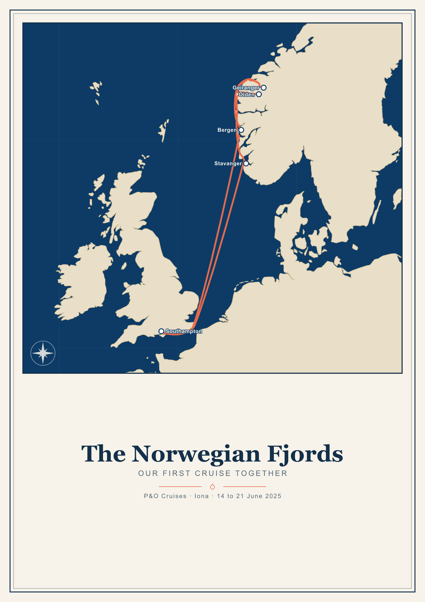 My Cruise Story Digital poster: route poster in the Oceanic style, deep blue sea with the sailed route plotted port to port