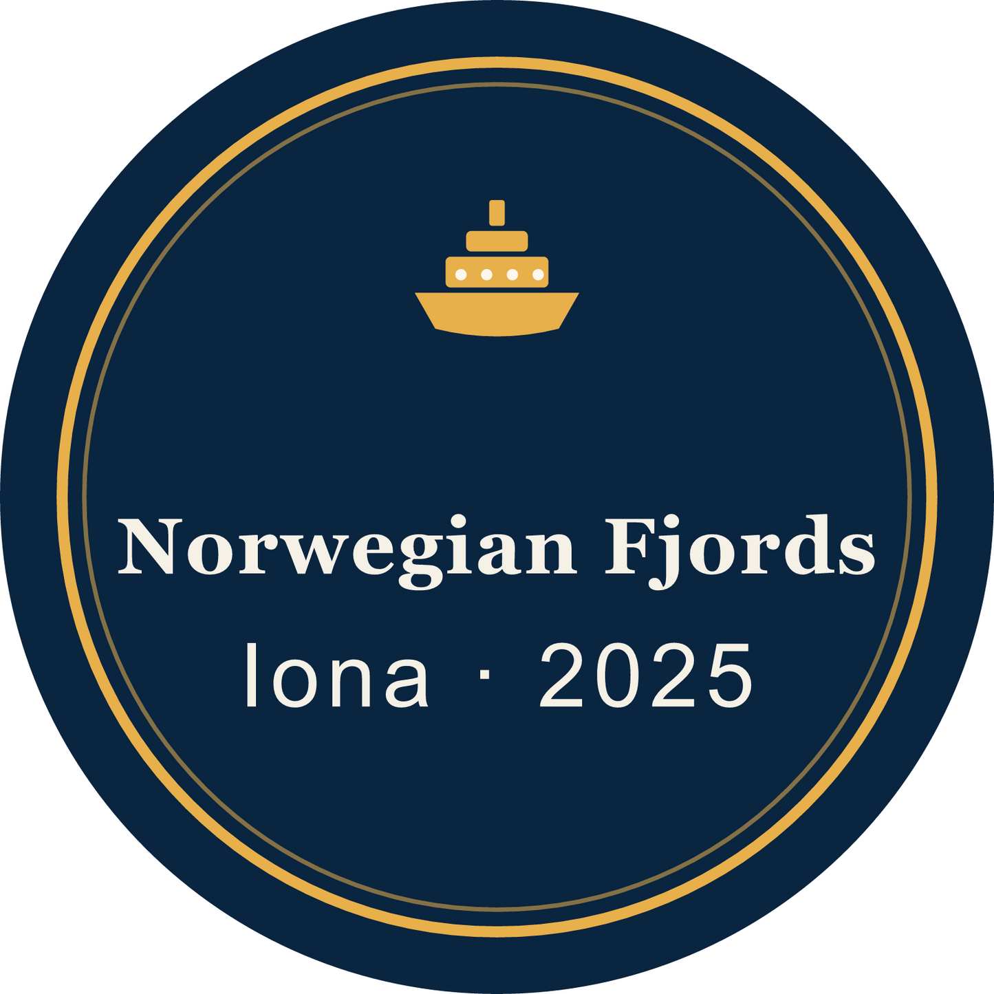My Cruise Story Cruise magnet: navy circular magnet with a gold ship, Norwegian fjords design