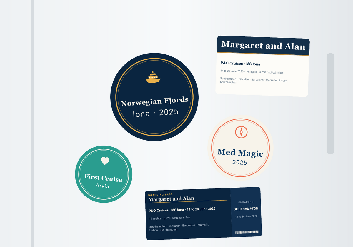 My Cruise Story Personalised Cruise Fridge Magnet, 56mm, Your Ship and Dates: personalised cruise magnets on a fridge door, three circles beside a card and a boarding pass ticket