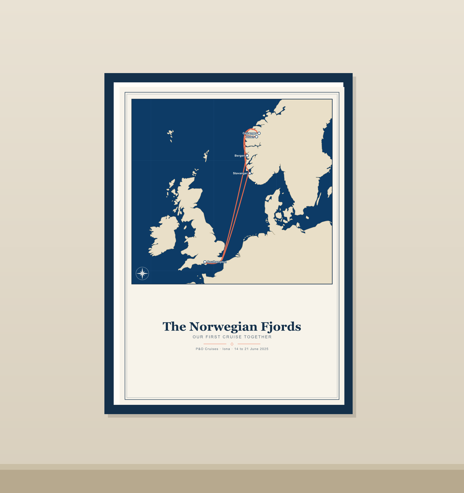 My Cruise Story Route poster: framed Norwegian fjords route poster hanging on a wall