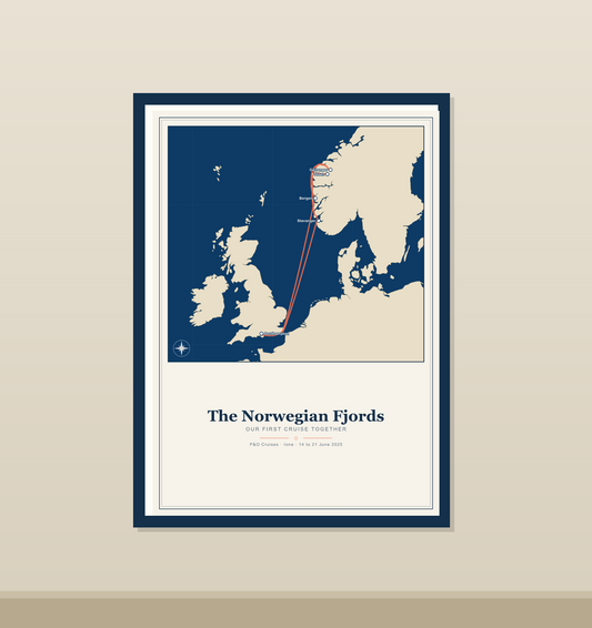 My Cruise Story Route poster: framed Norwegian fjords route poster hanging on a wall