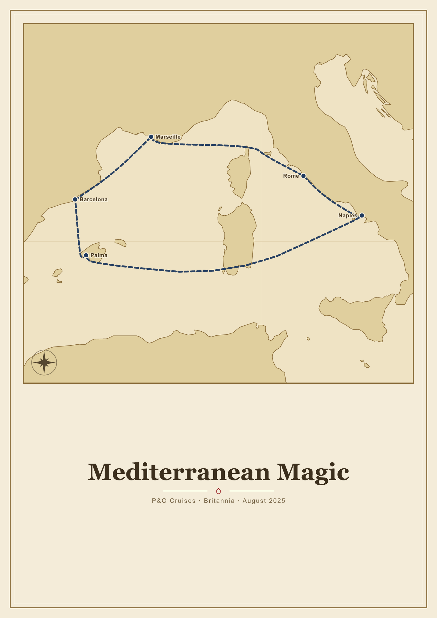 My Cruise Story Route poster: route poster in the Vintage Chart style with an aged nautical chart look