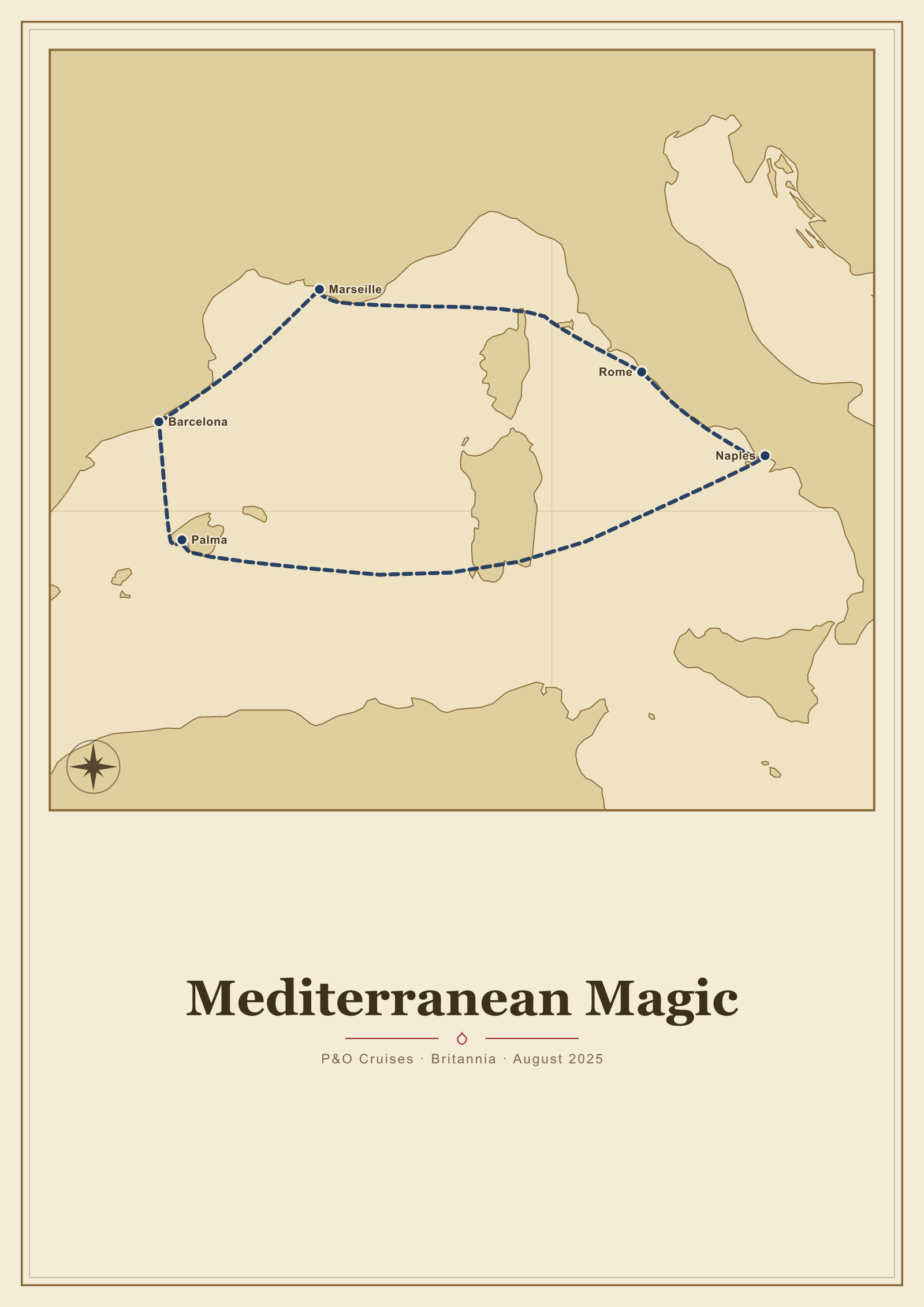 My Cruise Story Route poster: route poster in the Vintage Chart style with an aged nautical chart look