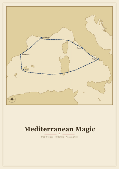 My Cruise Story Route poster: route poster in the Vintage Chart style with an aged nautical chart look