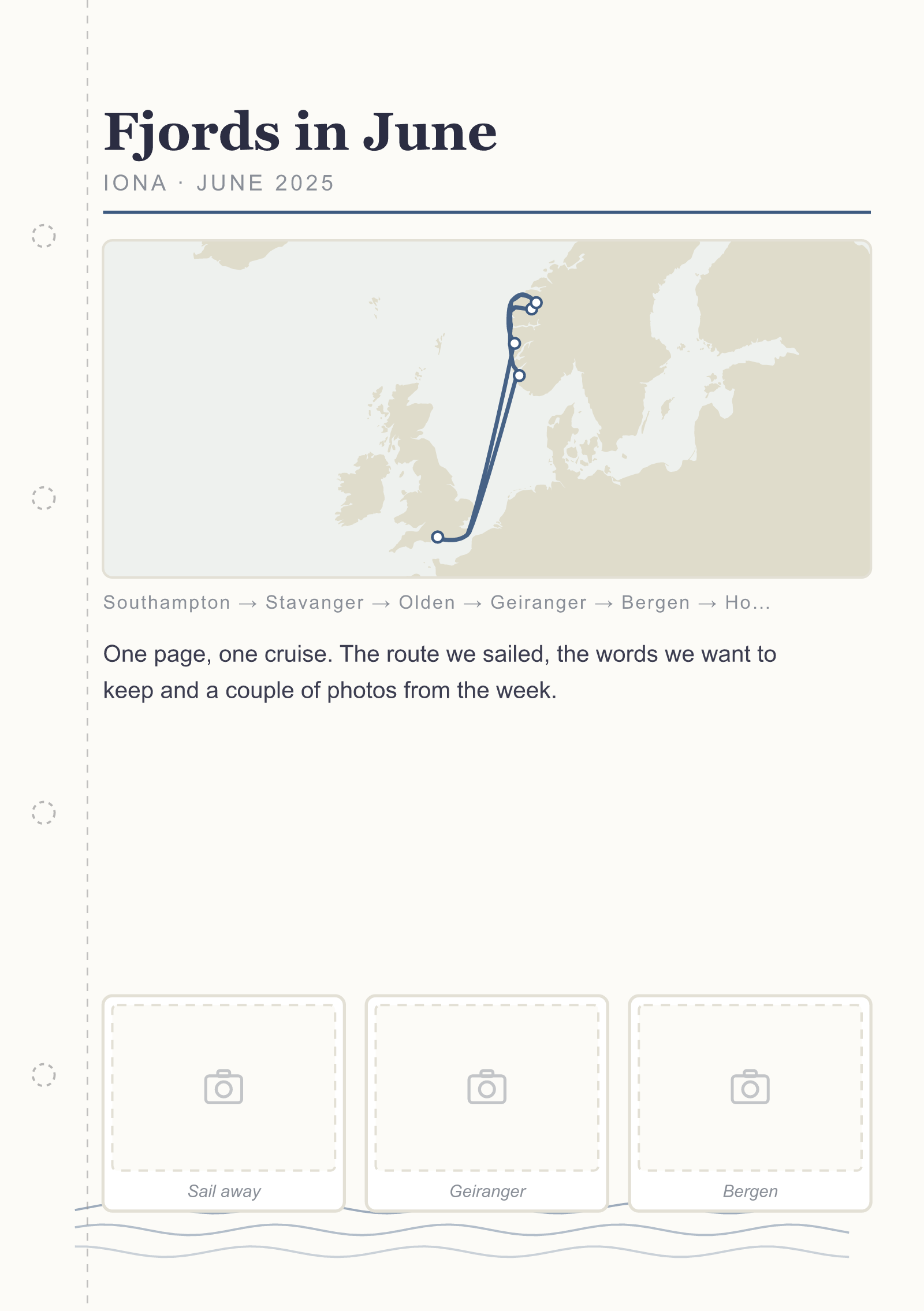 My Cruise Story Story Binder: printed A5 page with the route, ports and memories of one cruise