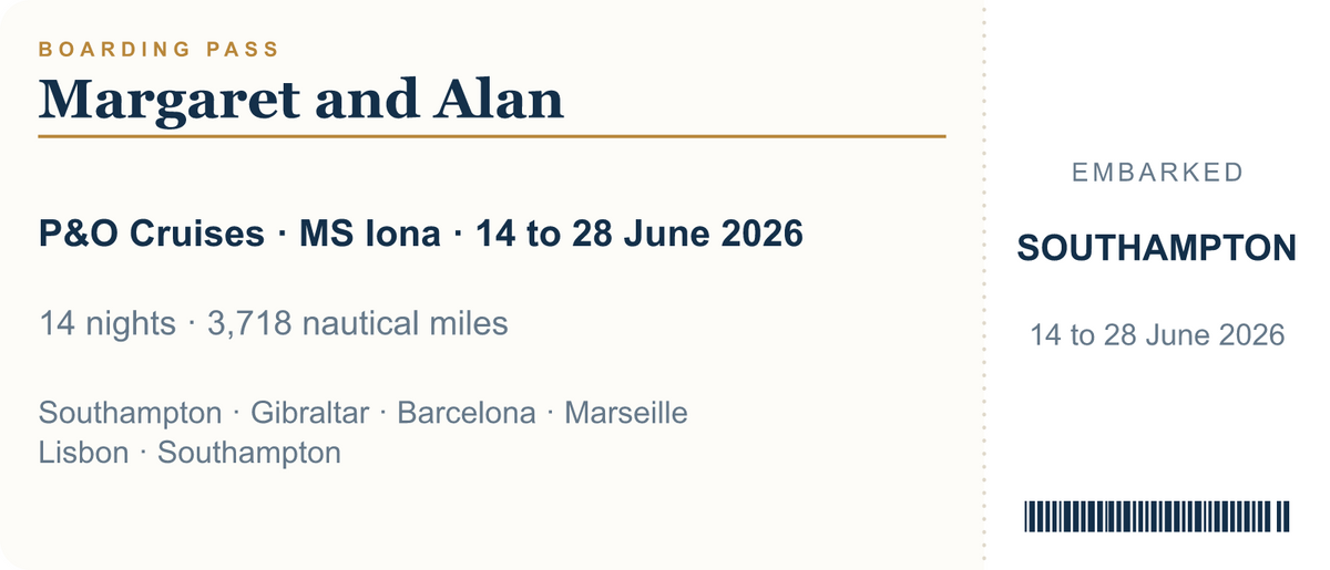 My Cruise Story Personalised Cruise Ticket Magnet, Your Ship, Dates and Route: cruise ticket magnet shaped like a boarding pass, with the ship, dates and every port called at